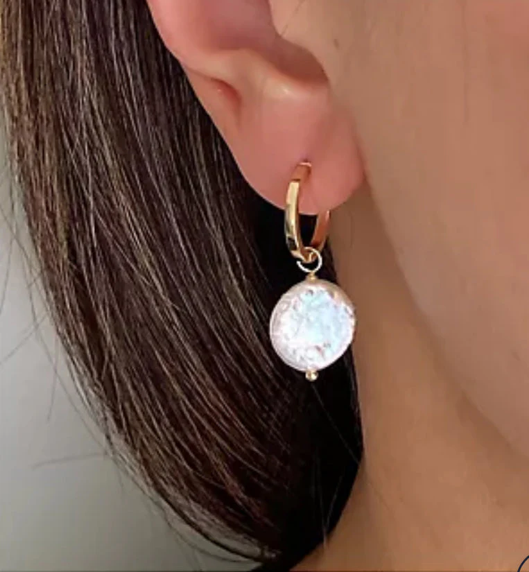 10K Gold Mother of Pearl Disc Hoop Earrings - Image 3