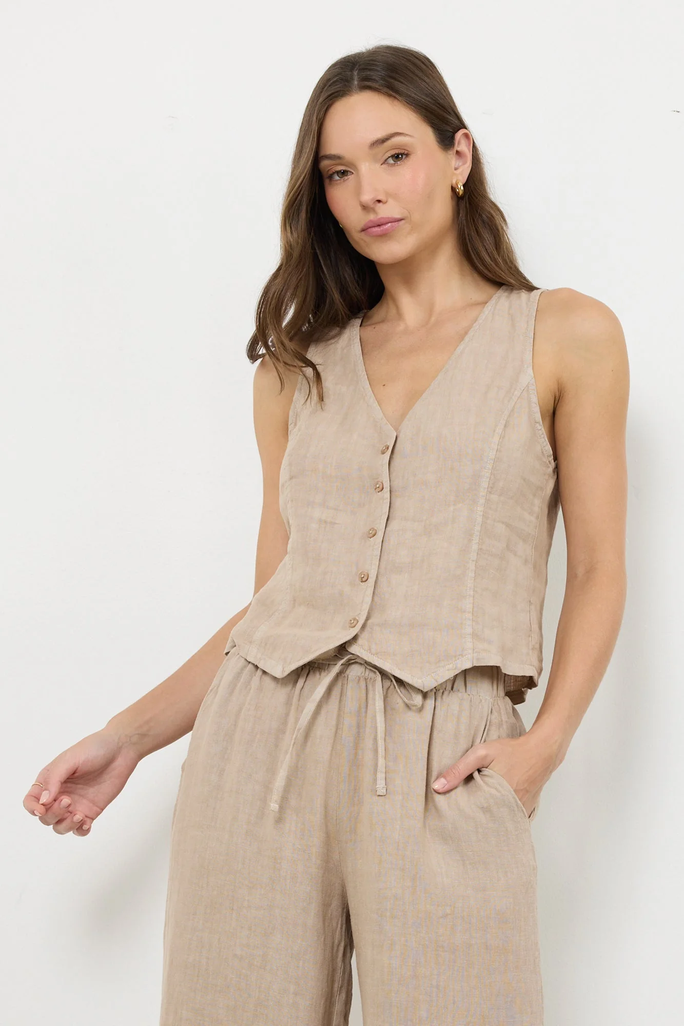 Woven Linen Open Front Vest - Image 5
