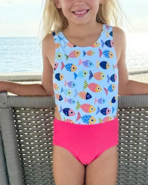 Girls Colorful Fish Cutout Swimsuit With Seersucker Bow - Image 4