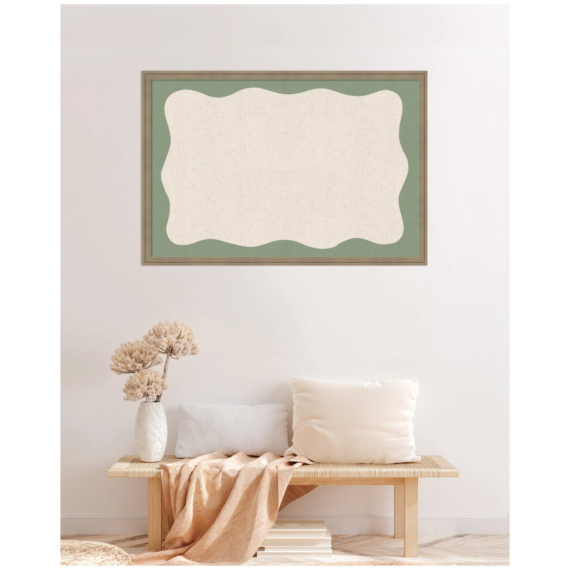 Framed Fabric Pinboard Wavy Neutral Linen and Green Wall Organization - Image 4