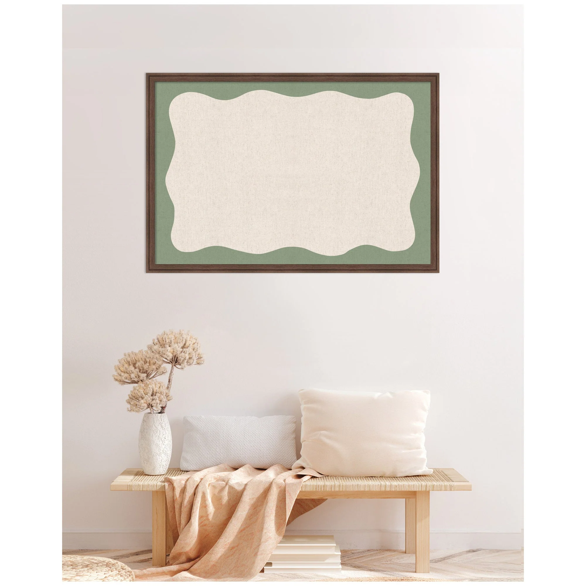 Framed Fabric Pinboard Wavy Neutral Linen and Green Wall Organization - Image 7