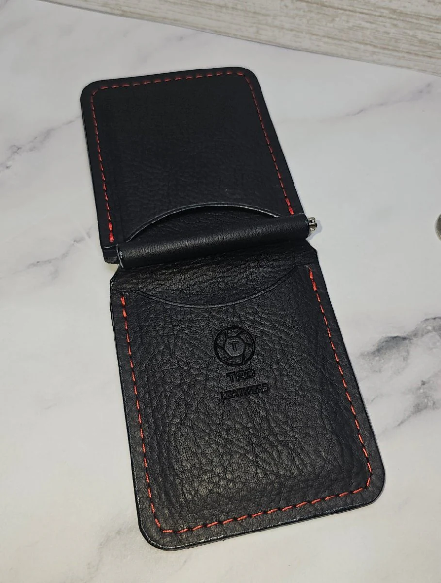 Leather Money Clip Wallet - Black/Red Stitching - Image 4