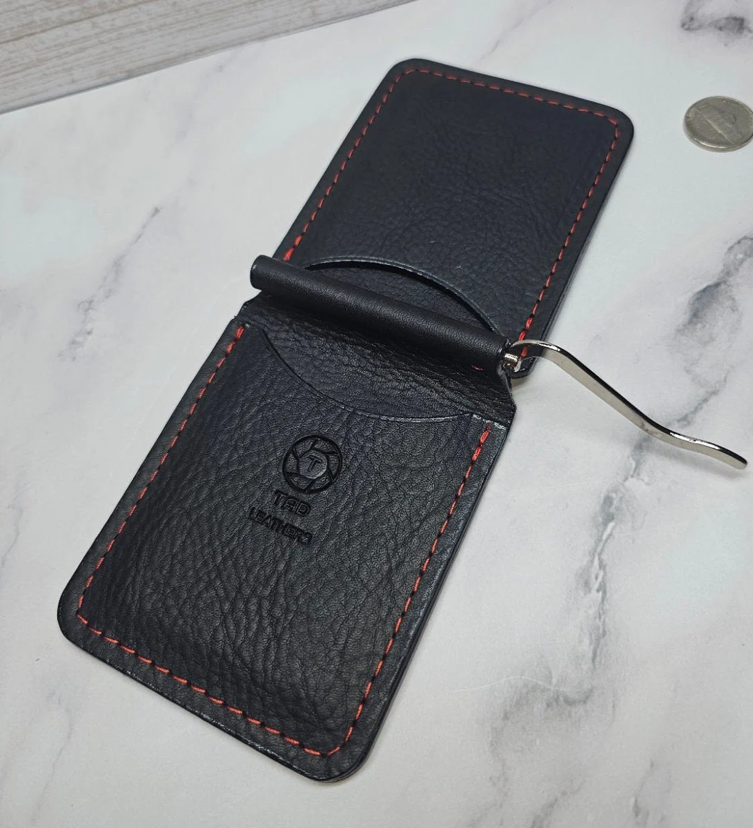 Leather Money Clip Wallet - Black/Red Stitching - Image 5