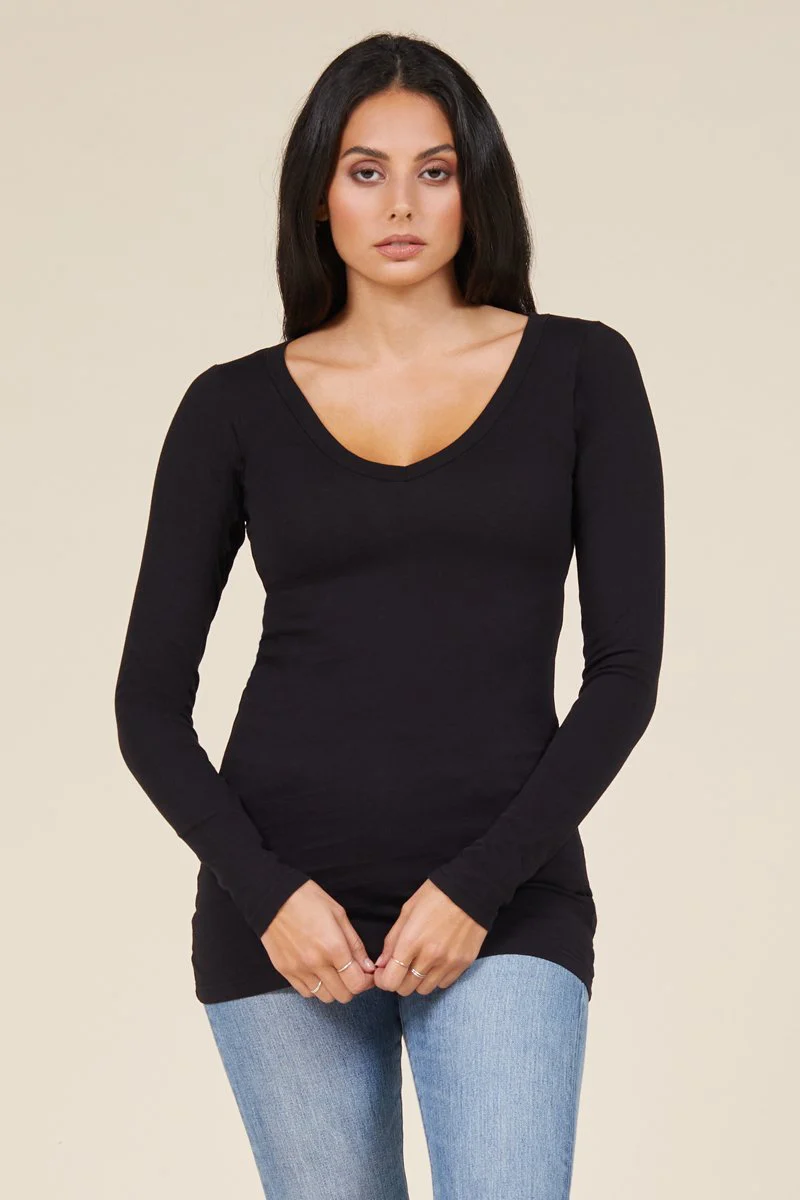 Long Sleeve V Neck Cotton Layering Top