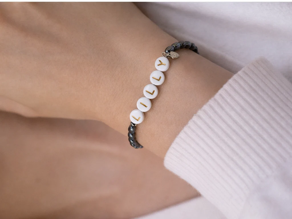 Personalized Name Bracelet in Hematite and Sterling Silver - Image 3