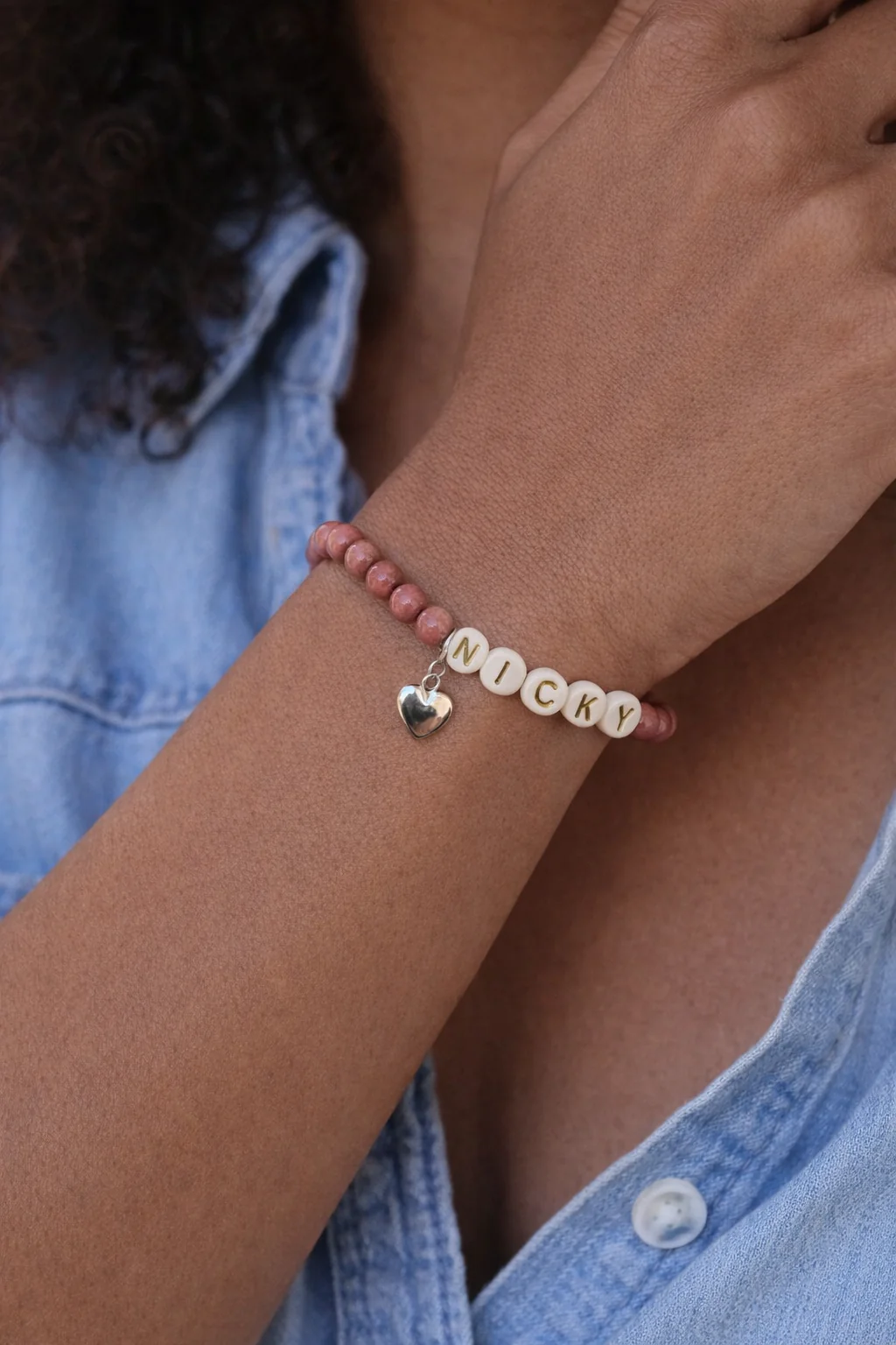 Personalized Sterling Silver and Rhodonite Bracelet with Heart Charm - Image 3