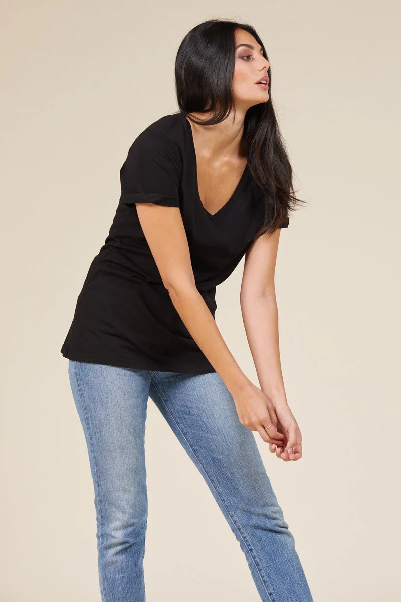 Rolled Sleeve Staple Vee Cotton T-Shirt - Image 2