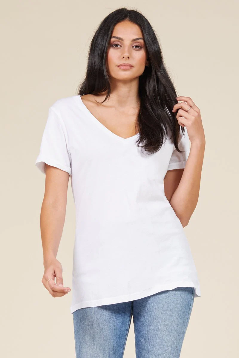 Rolled Sleeve Staple Vee Cotton T-Shirt - Image 3