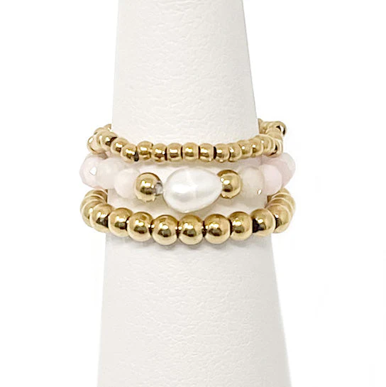 Rose Quartz and Pearl Hematite Triple Ring Stack