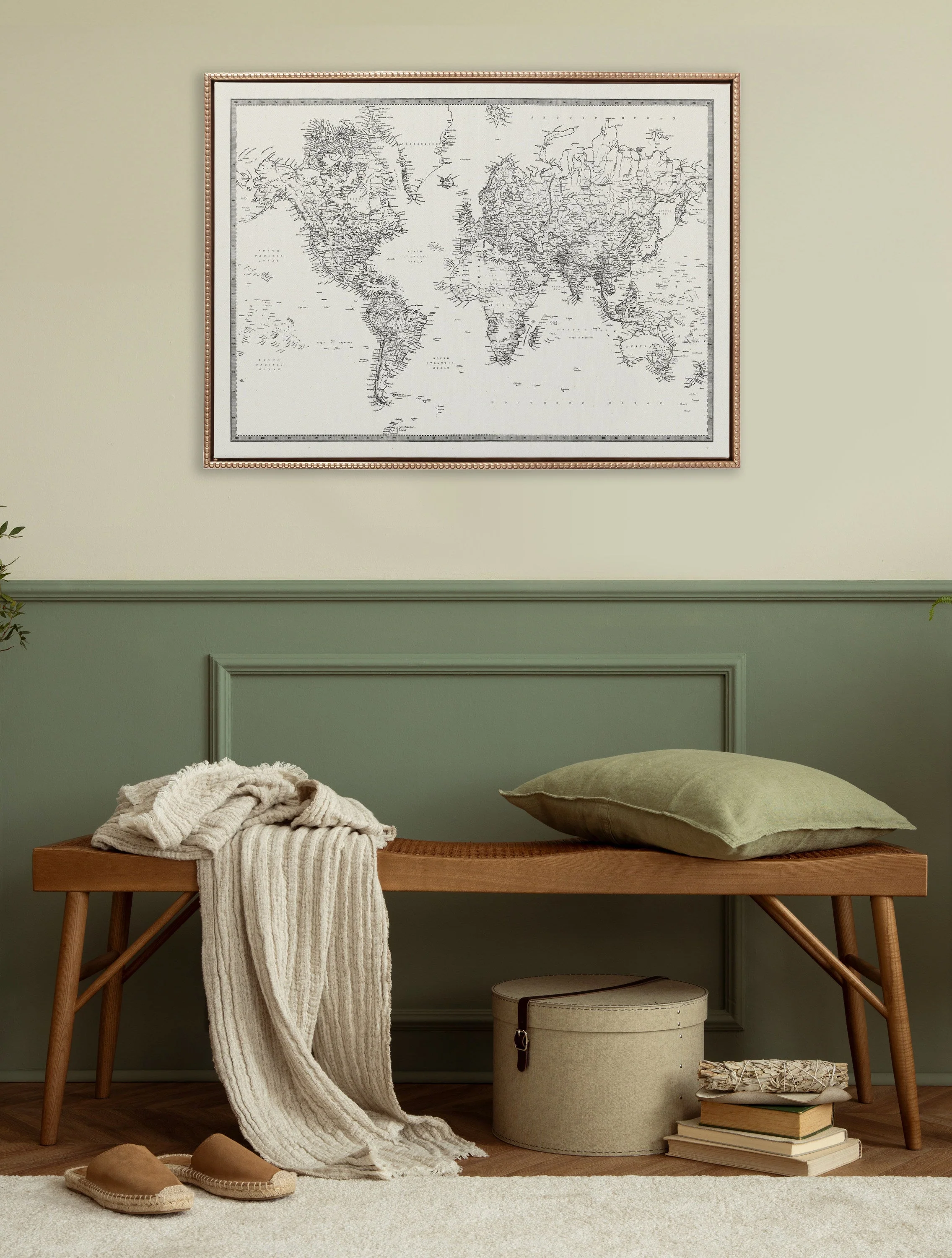 Sylvie Beaded Vintage Black and White World Map Framed Canvas by The Creative Bunch Studio - Image 14