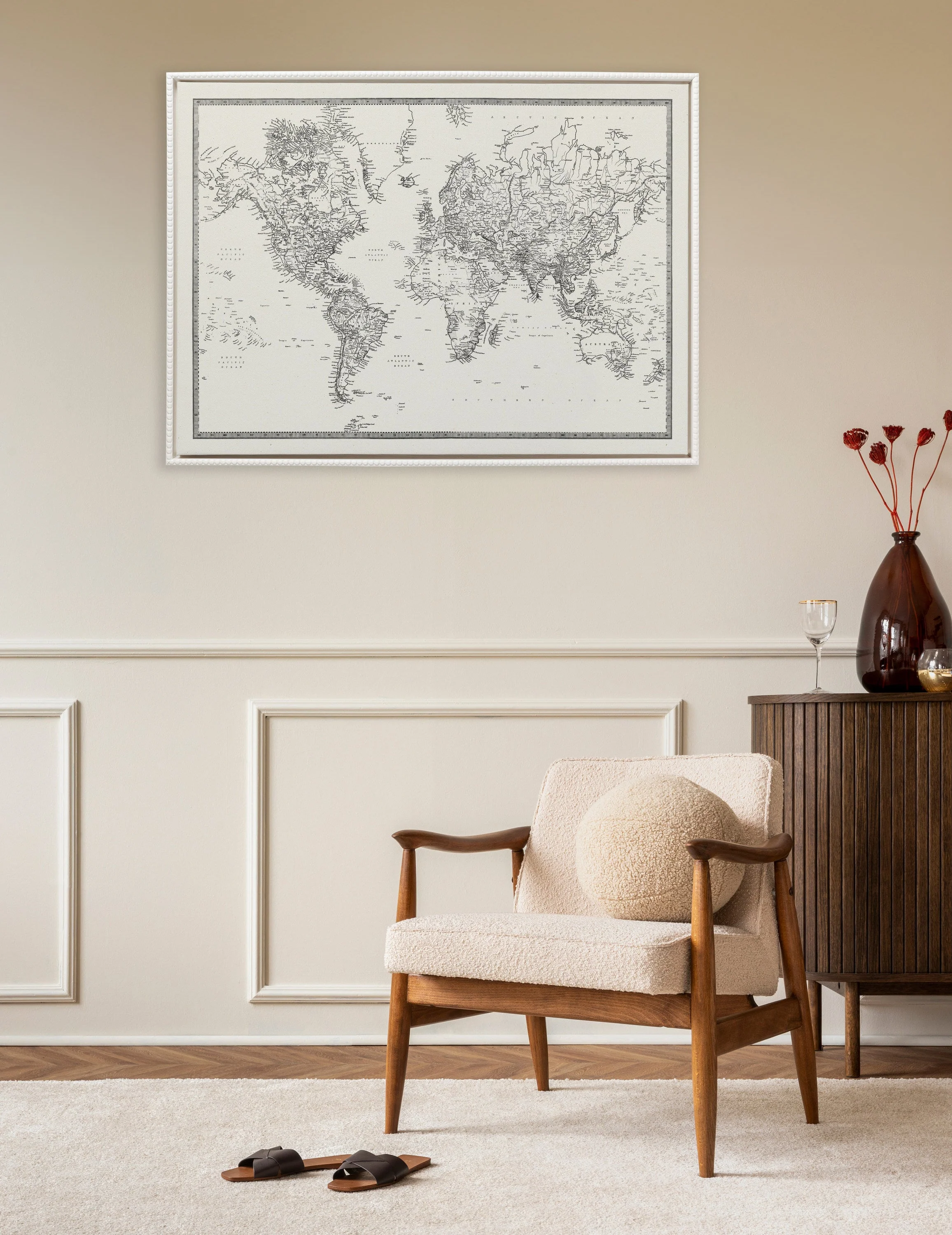 Sylvie Beaded Vintage Black and White World Map Framed Canvas by The Creative Bunch Studio - Image 19