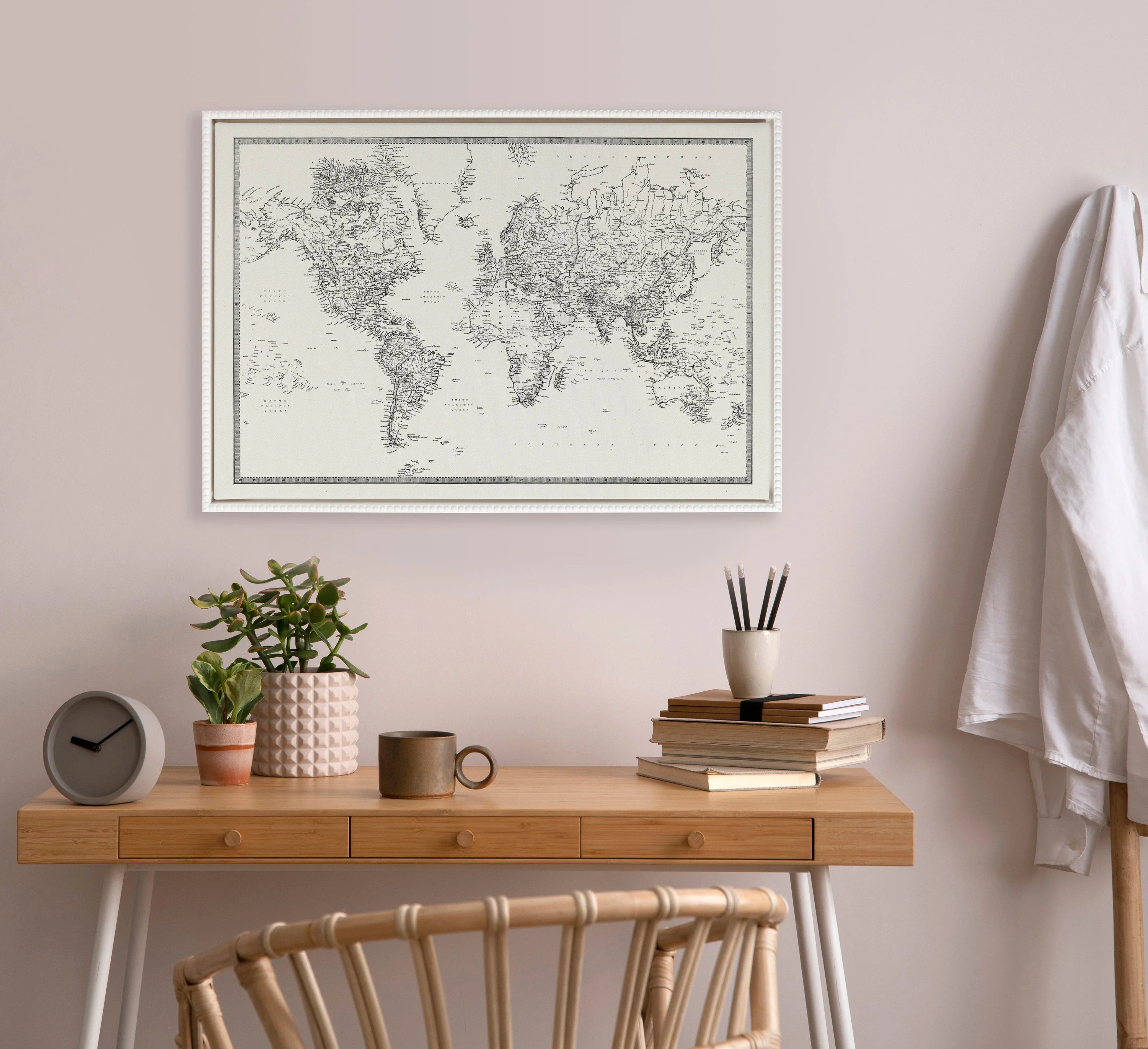 Sylvie Beaded Vintage Black and White World Map Framed Canvas by The Creative Bunch Studio - Image 4