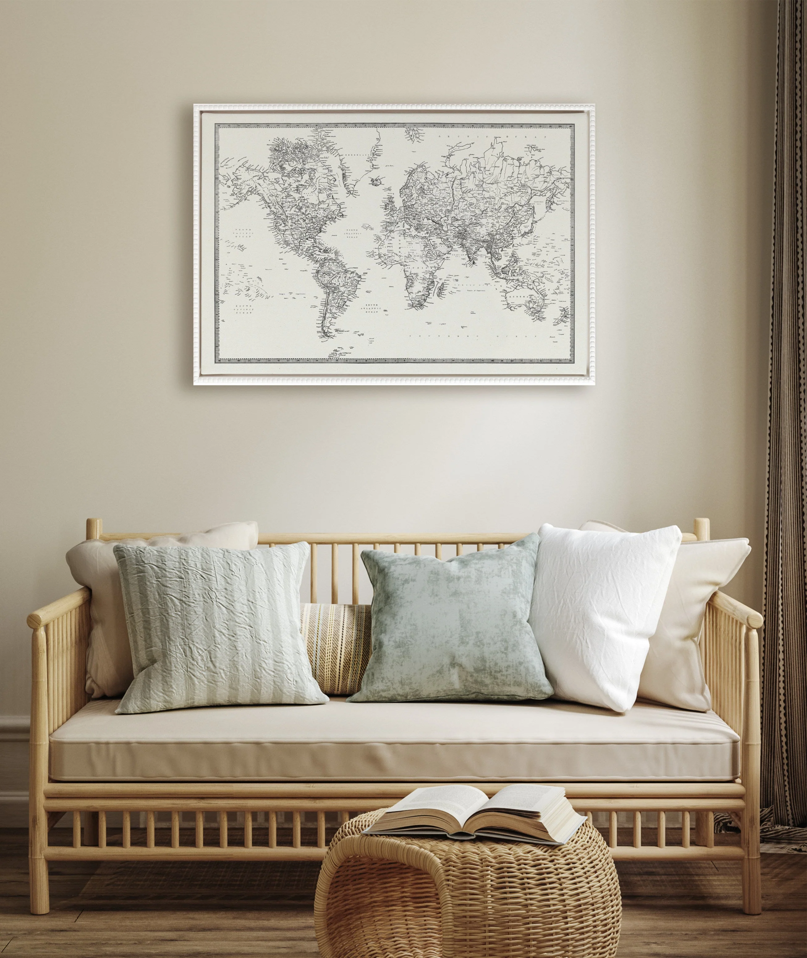 Sylvie Beaded Vintage Black and White World Map Framed Canvas by The Creative Bunch Studio - Image 5