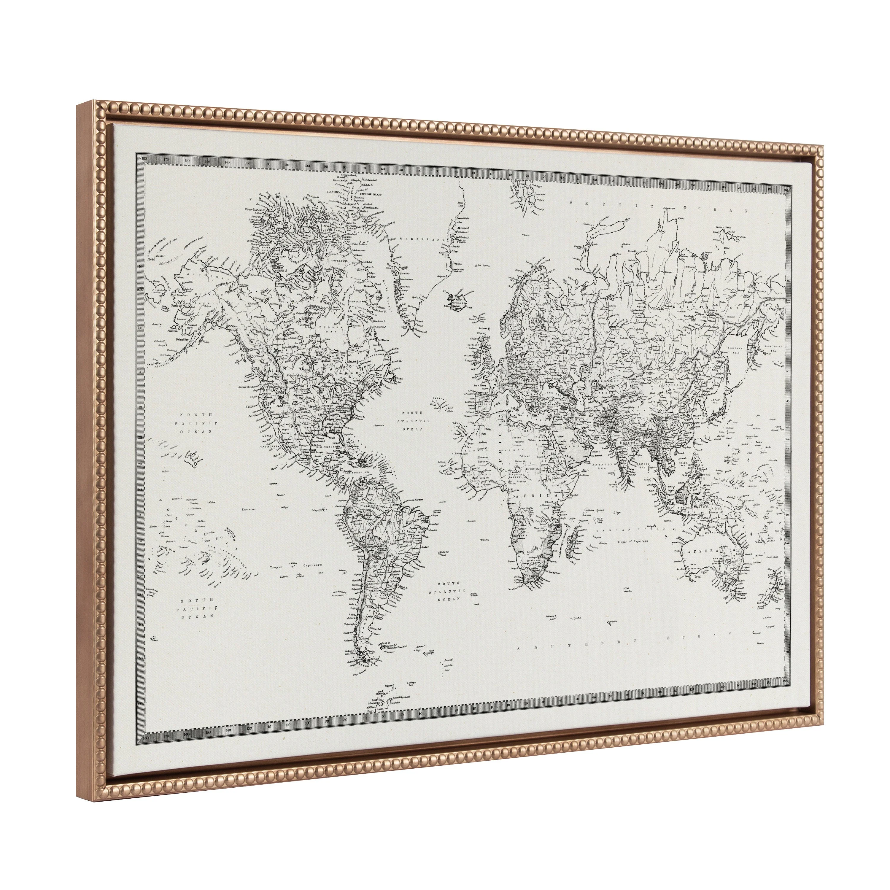 Sylvie Beaded Vintage Black and White World Map Framed Canvas by The Creative Bunch Studio - Image 7