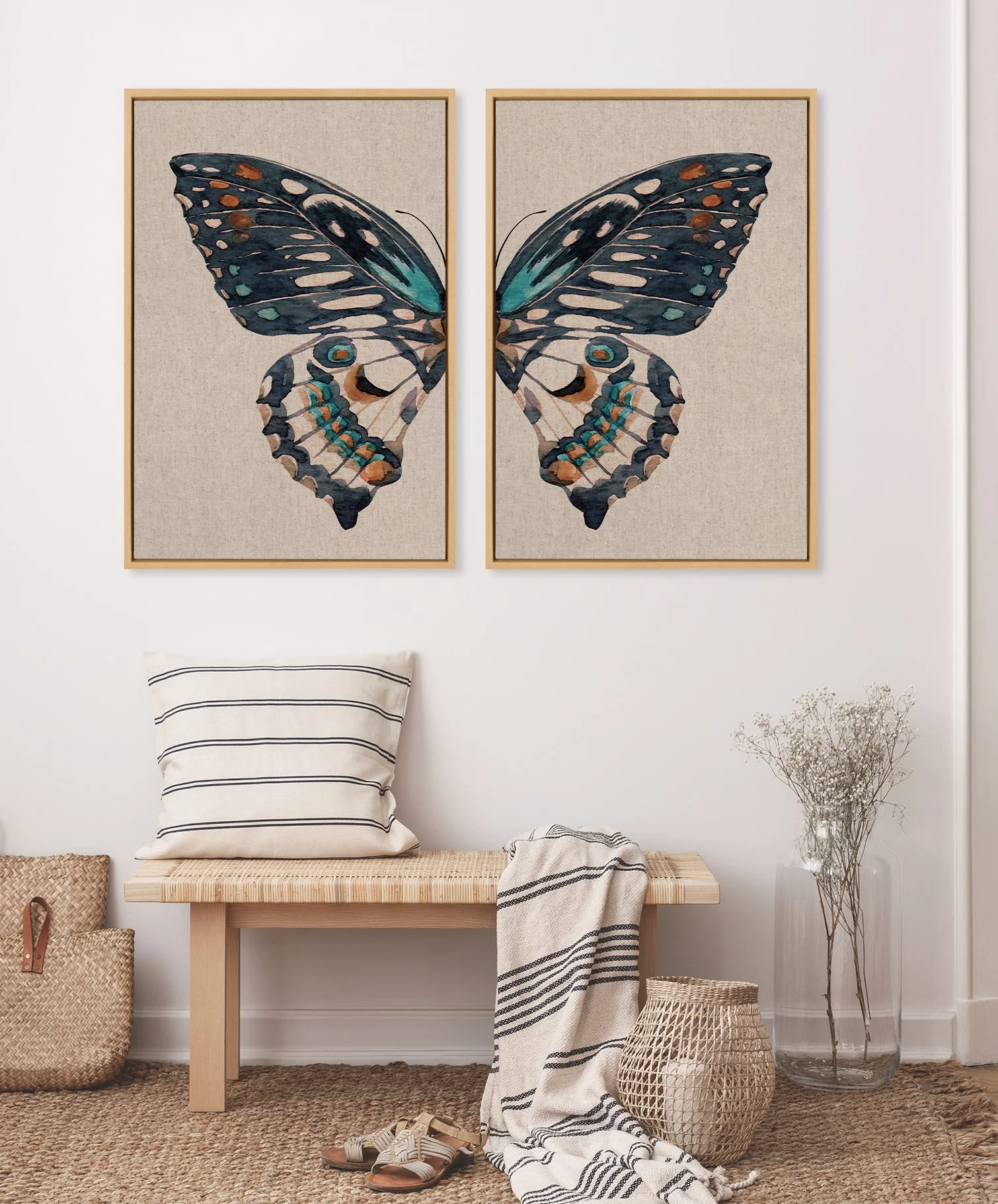 Sylvie Boho Butterfly Watercolor Diptych Neutral Linen Framed Canvas Art Set by The Creative Bunch Studio - Image 23