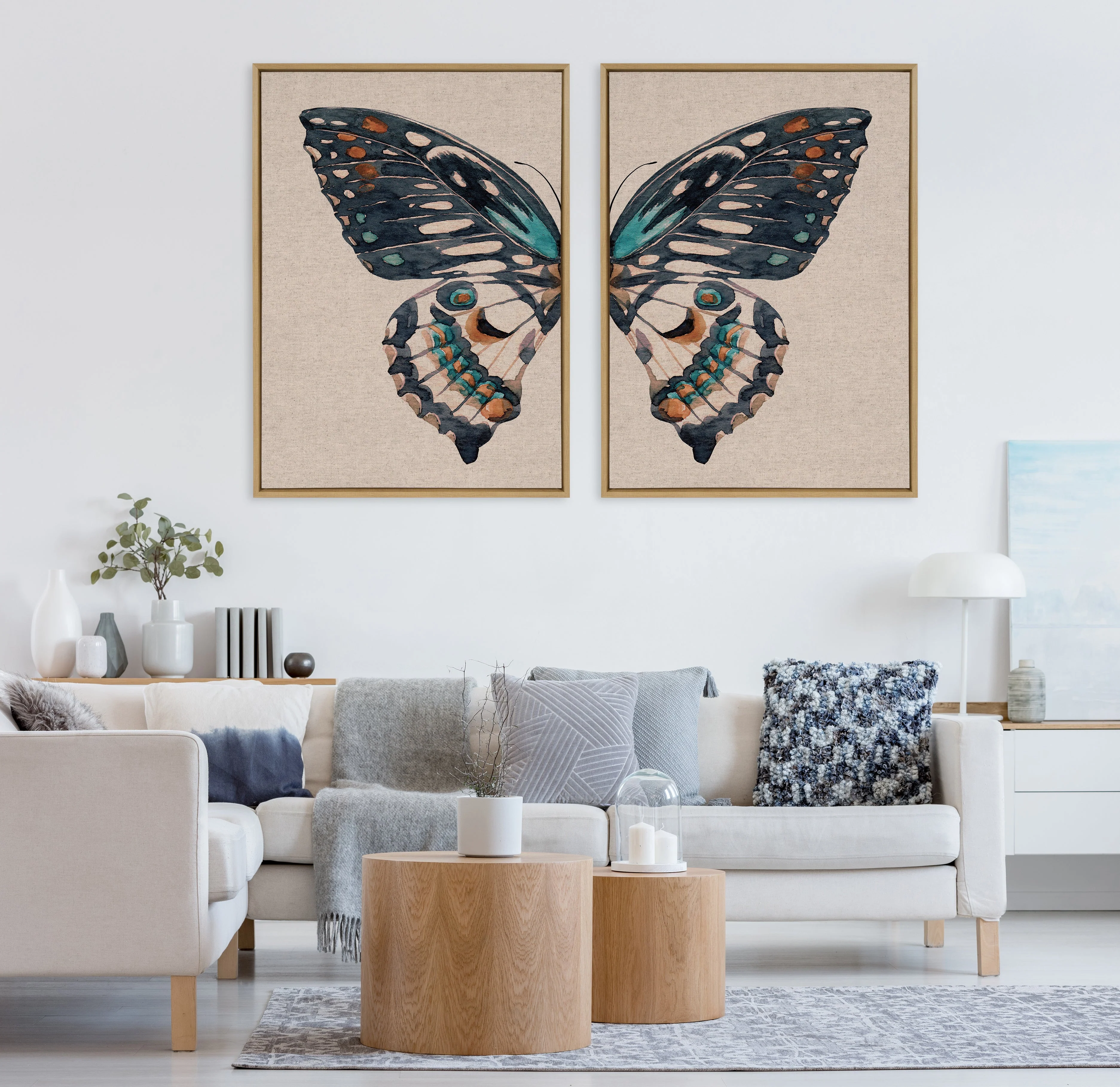 Sylvie Boho Butterfly Watercolor Diptych Neutral Linen Framed Canvas Art Set by The Creative Bunch Studio - Image 36