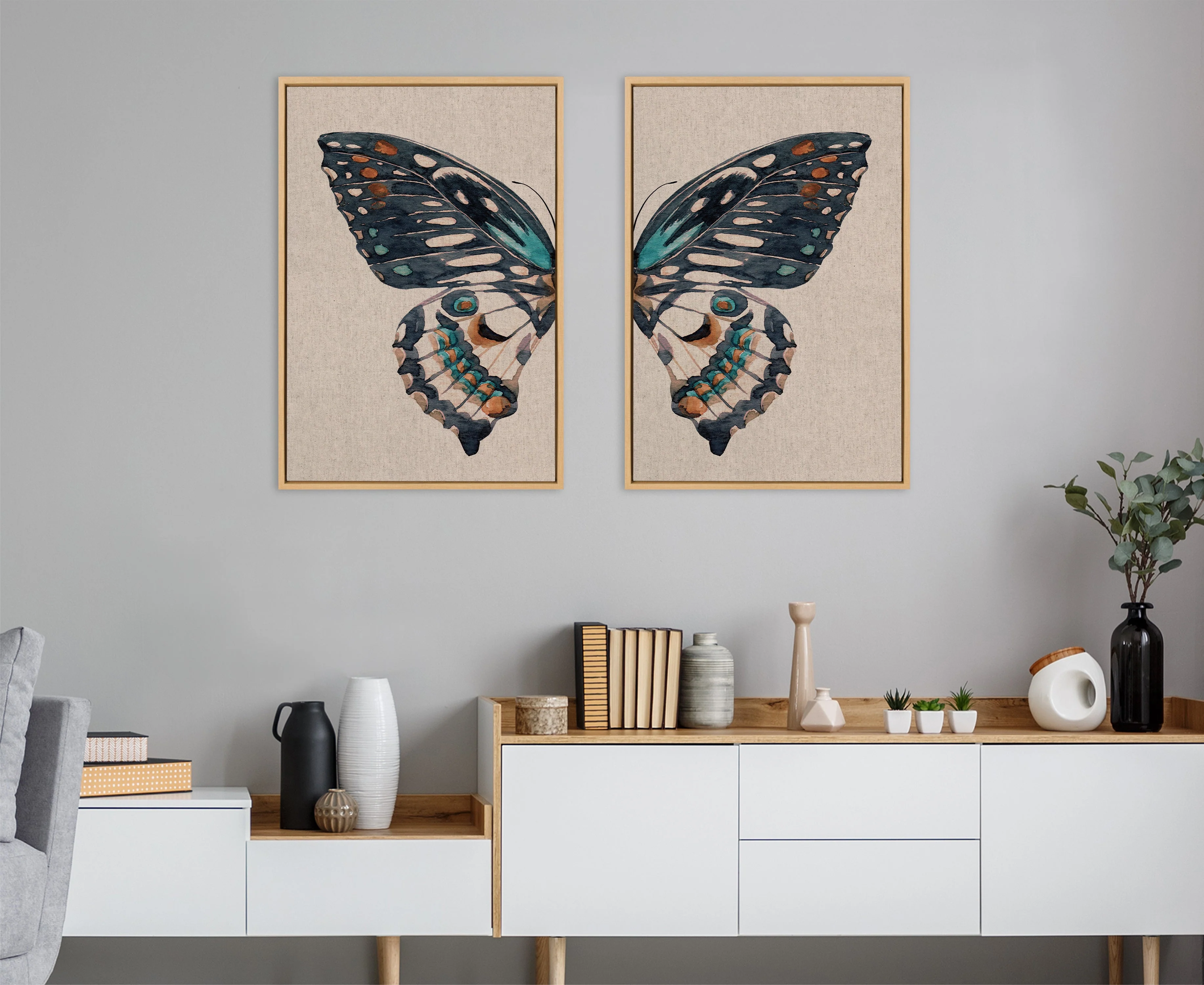 Sylvie Boho Butterfly Watercolor Diptych Neutral Linen Framed Canvas Art Set by The Creative Bunch Studio - Image 45