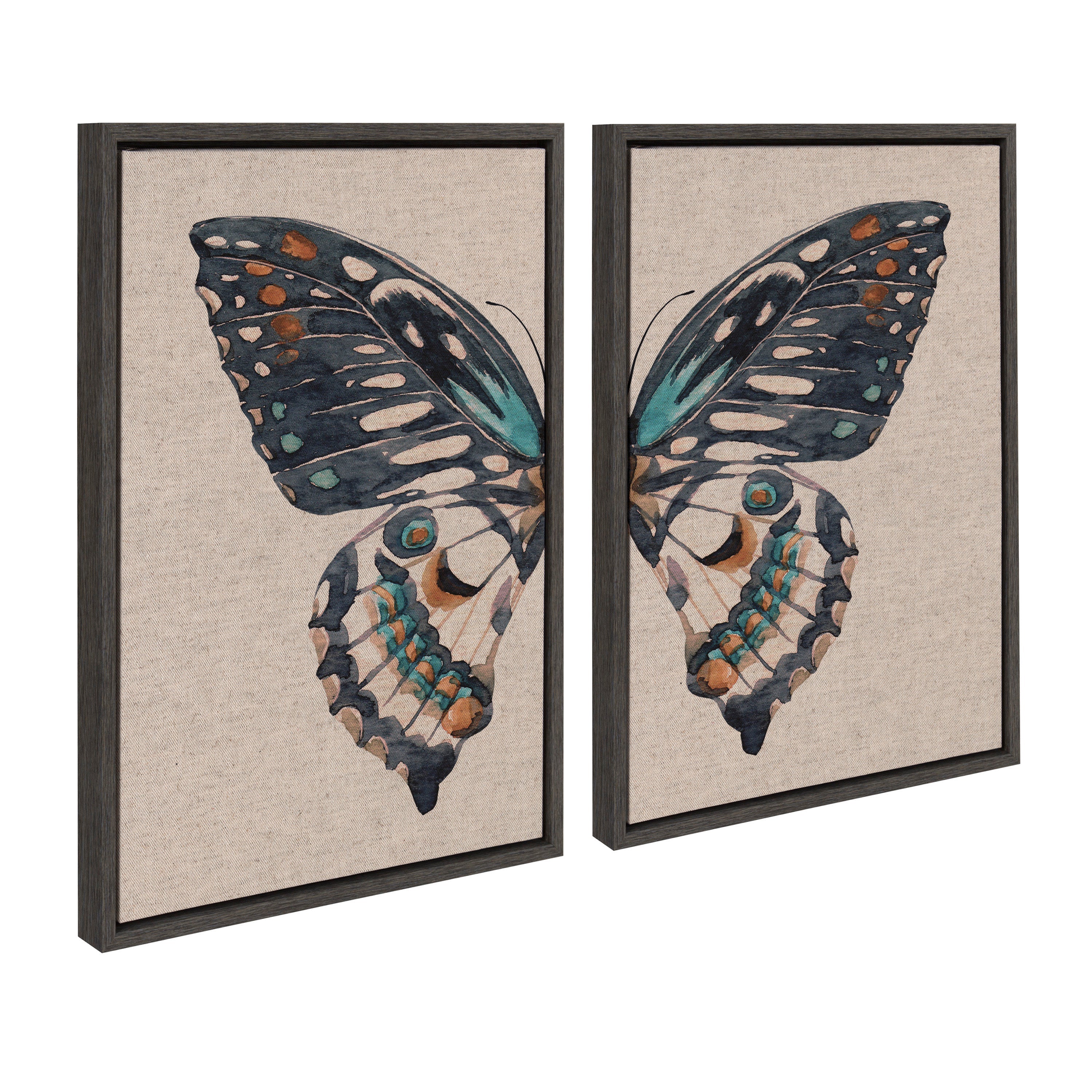 Sylvie Boho Butterfly Watercolor Diptych Neutral Linen Framed Canvas Art Set by The Creative Bunch Studio - Image 8