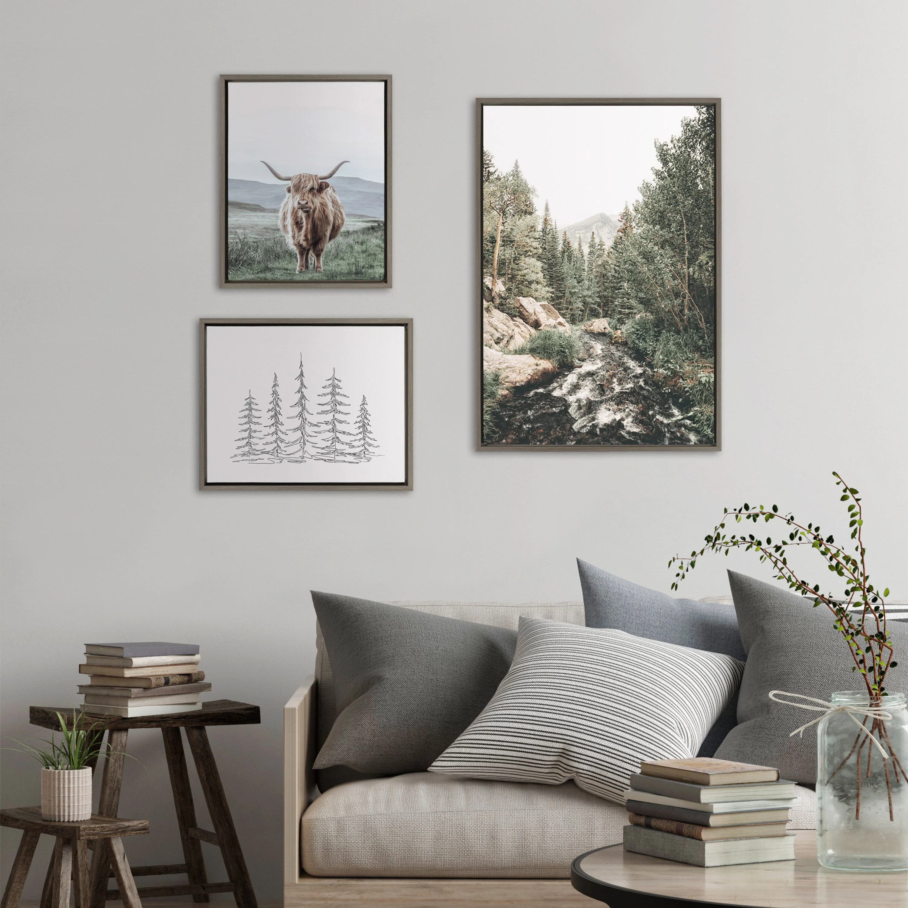 Sylvie Meet Me Here, Highland Cow Muted Mountain Landscape and Minimalist Evergreen Trees Sketch Framed Canvas Set by Various Artists - Image 14