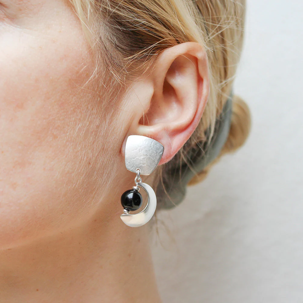 Tapered Square w/Black Bead Crescent  - Clip or Post Earring - Image 2